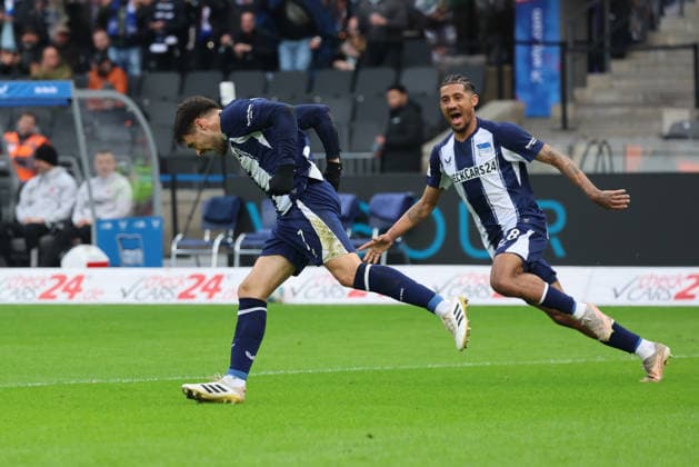 BERLIN, GERMANY - MARCH 1: goal, celebration, cheering. Josip Brekalo (Hertha, 7) celebrates after scoring the 1:0 goal with his teammate Jeremy Dudziak (Hertha, 28) during the Bundesliga match between Hertha BSC - 1. FC Nürnberg at Olympiastadion on matchday 24 of the 2. Bundesliga on March 1, 2026 in Berlin, Germany. DFL REGULATIONS PROHIBIT ANY USE OF PHOTOGRAPHS AS IMAGE SEQUENCES AND OR QUASI-VIDEO. Berlin Germany Copyright: xO.Frankex