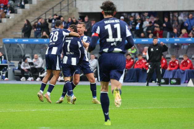 BERLIN, GERMANY - MARCH 1: goal, celebration, cheering. Josip Brekalo (Hertha, 7) celebrates after scoring the 1:0 goal with his teammate Jeremy Dudziak (Hertha, 28), Paul Seguin (Hertha, 30), during the Bundesliga match between Hertha BSC - 1. FC Nürnberg at Olympiastadion on matchday 24 of the 2. Bundesliga on March 1, 2026 in Berlin, Germany. DFL REGULATIONS PROHIBIT ANY USE OF PHOTOGRAPHS AS IMAGE SEQUENCES AND OR QUASI-VIDEO. Berlin Germany Copyright: xO.Frankex