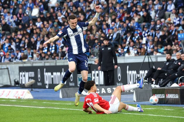 DEU, DFL, 2. FBL, Hertha BSC vs. 1.FC Nuernberg, 01.03.2026, Berliner Olympiastadion, Berlin, DEU, DFL, 2. FBL, Hertha BSC vs. 1.FC Nuernberg, im Bild Niklas Kolbe (Hertha BSC Berlin 27), JUSTIN VON DER HITZ (1.FC Nuernberg 27) DFL - regulations prohibit any use of Photographs as image sequences and or quasi-video