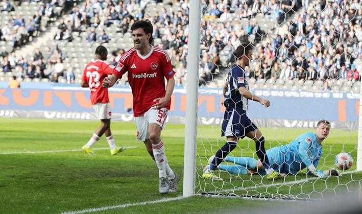 Tom Baack jubelt nach Tor zum 1:1 Ausgleich Freude Emotion Jubel Fußball Fussball DFL 2. Bundesliga Herren 24. Spieltag Saison 2025 2026 01.03.2026 Hertha BSC Berlin vs. 1.FC Nürnberg FCN DFL regulations prohibit any use of photographs as image sequences and or quasi-video