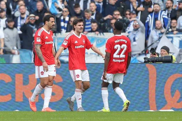 01.03.2026, xtgx, Fussball - 2.Bundesliga Hertha BSC Berlin - 1.FC Nuernberg emspor, v.l. Jubel nach dem 1:1 durch Tom Baack (Nuernberg, 5) (DFL DFB REGULATIONS PROHIBIT ANY USE OF PHOTOGRAPHS as IMAGE SEQUENCES and or QUASI-VIDEO) Berlin