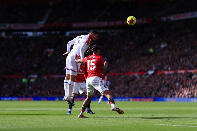 Football - Premier League - Manchester United, ManU v Crystal Palace 1st March 2026 - Premier League - Manchester United v Crystal Palace - Maxence Lacroix of Crystal Palace scores their 1st goal - Photo: Simon Stacpoole Offside. Manchester UK Copyright: xSimonxStacpoolexOffside