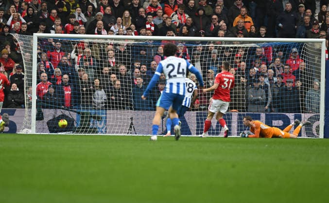 Matz Sels of Nottingham Forest is beaten by Diego Gomez of Brighton as Brighton take an lead during the Premier League match between Brighton and Hove Albion and Nottingham Forest at the American Express Stadium, Brighton UK - Sunday 1st March 2026 Brighton v Nottingham Forest Premier League Football, Amex Stadium, Sussex, UK - 01 Mar 2026Brighton Amex Stadium Sussex United Kingdom Editorial use only. No merchandising. For Football images FA and Premier League restrictions apply inc. no internet mobile usage without FAPL license - for details contact Football Dataco  Copyright: xLizxFinlayson TPI Shutterstockx 16718466u
