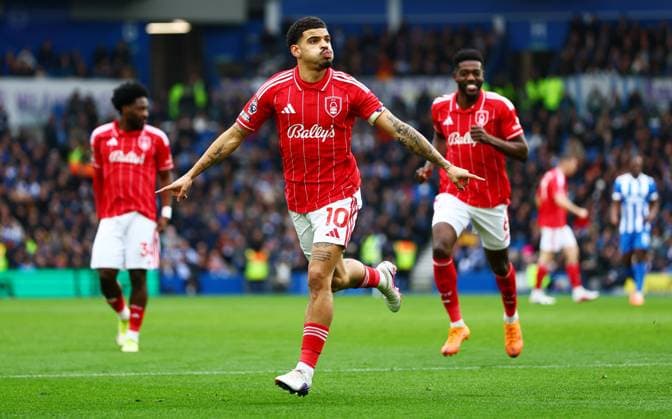Morgan Gibbs-White of Nottingham Forest celebrates scoring a goal after making the score 1-1. Brighton and Hove Albion v Nottingham Forest, Premier League, Football, American Express Community Stadium, Brighton, UK - 01 Mar 2026Brighton American Express Community Stadi United Kingdom EDITORIAL USE ONLY No use with unauthorised audio, video, data, fixture lists, club league logos or live services. Online in-match use limited to 120 images, no video emulation. No use in betting, games or single club league player publications.  Copyright: xJamesxMarsh Shutterstockx 16708839ab