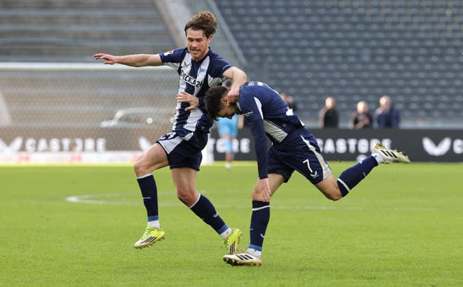 Josip Brekalo jubelt nach 2:1 mit Linus Gechter Freude Emotion Jubel Fußball Fussball DFL 2. Bundesliga Herren 24. Spieltag Saison 2025 2026 01.03.2026 Hertha BSC Berlin vs. 1.FC Nürnberg FCN DFL regulations prohibit any use of photographs as image sequences and or quasi-video
