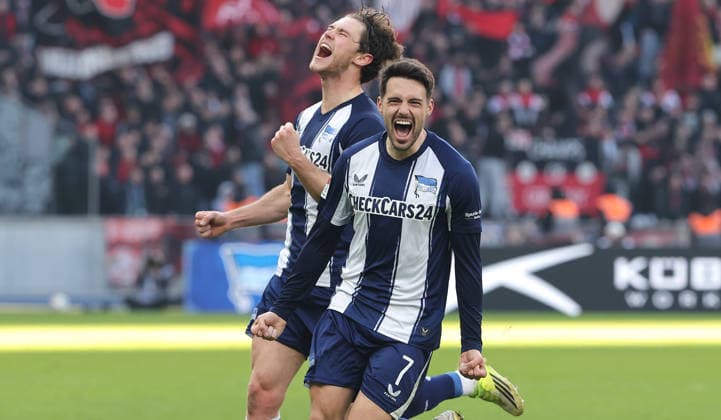 Josip Brekalo jubelt nach 2:1 mit Linus Gechter Freude Emotion Jubel Fußball Fussball DFL 2. Bundesliga Herren 24. Spieltag Saison 2025 2026 01.03.2026 Hertha BSC Berlin vs. 1.FC Nürnberg FCN DFL regulations prohibit any use of photographs as image sequences and or quasi-video