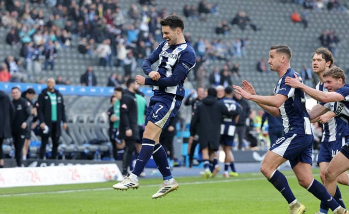 Josip Brekalo jubelt nach 2:1 Freude Emotion Jubel Fußball Fussball DFL 2. Bundesliga Herren 24. Spieltag Saison 2025 2026 01.03.2026 Hertha BSC Berlin vs. 1.FC Nürnberg FCN DFL regulations prohibit any use of photographs as image sequences and or quasi-video