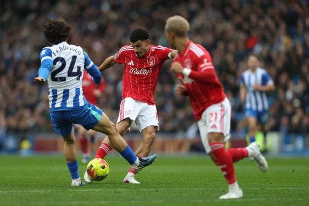 Premier League - Brighton & Hove Albion FC v Nottingham Forest FC LONDON, ENGLAND, MARCH 1: GOAL 1-1, Morgan Gibbs-White of Nottingham Forest scores a goal to make the score 1-1 during the match between Brighton and& Hove Albion FC and Nottingham Forest FC in the Premier League at the AMEX Community Stadium in Brighton, England, on March 1. (Photo by Daniel Weir) Brighton AMEX Community Stadium England Copyright: xDanielxWeir SportsxPressxPhotox SPPA_Brighton_Nottingham_Forest_010326_DW05