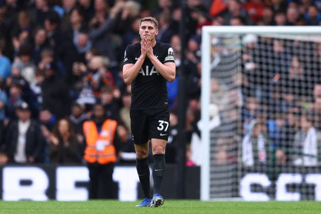 London, England, 1st March 2026. Micky van de Ven of Tottenham Hotspur looks dejected after Alex Iwobi of Fulham scores to make it 2-0 during the Fulham vs Tottenham Hotspur Premier League match at Craven Cottage, London. Picture credit should read: Paul Terry Sportimage EDITORIAL USE ONLY. No use with unauthorised audio, video, data, fixture lists, club league logos or live services. Online in-match use limited to 120 images, no video emulation. No use in betting, games or single club league player publications. SPI_037_PT_Fulham_Tottenham SPI-4567-0037
