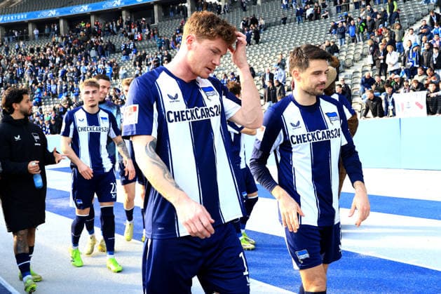 DEU, DFL, 2. FBL, Hertha BSC vs. 1.FC Nuernberg, 01.03.2026, Berliner Olympiastadion, Berlin, DEU, DFL, 2. FBL, Hertha BSC vs. 1.FC Nuernberg, im Bild Josip Brekalo (Hertha BSC Berlin 7), Sebastian Groenning (Hertha BSC Berlin 17) DFL - regulations prohibit any use of Photographs as image sequences and or quasi-video