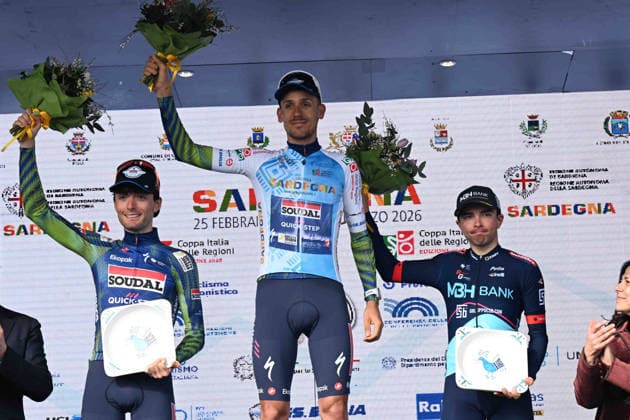 01-03-2026 Giro Di Sardegna; Tappa 05 Nuoro - Olbia; 2026, Soudal - Quick Step; 2026, Mbh Bank - Csb Telecom Fort; Zana, Filippo; Garofoli, Gianmarco; Verre, Alessandro; Olbia; 
