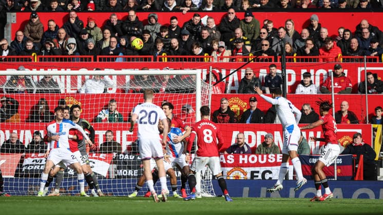 Manchester United, ManU v Crystal Palace, Premier League, Old Trafford, Manchester. Times Photographer Bradley Ormesher. 1.3.2026. Manchester United v Crystal Palace, Premier League, Old Trafford, Manchester. Times Photographer Bradley Ormesher. Maxence Lacroix heads the 1st goal of the game.,  Copyright: xBradleyxOrmesherx NINTCHDBPICT001063114074