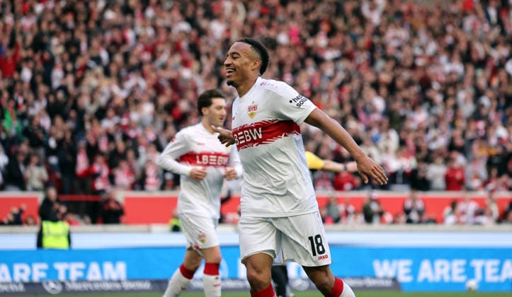 01.03.26 VfB Stuttgart - VfL Wolfsburg Deutschland, Stuttgart, 01.03.2026, Fussball, Bundesliga, Saison 2025 2026, VfB Stuttgart - VfL Wolfsburg: Jamie Leweling (VfB Stuttgart); Jubel Tor 2:0 Leweling.