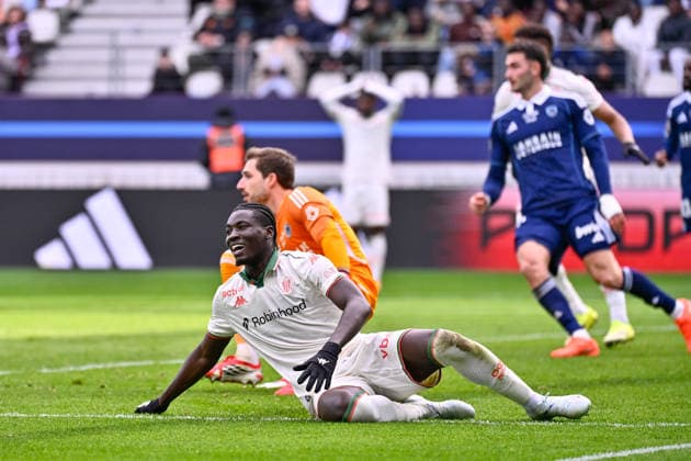 FOOTBALL : Paris FC vs Nice - Ligue 1 - 01 03 2026 Kojo Peprah Oppong ( 37 - Nice ) and Kevin Trapp ( 35 - PFC ) during the Ligue 1 match between Paris FC and OGC Nice at Stade Jean Bouin on March 01, 2026 in Paris, France. ( Photo by Federico Pestellini PsnewZ ) - ParisFrance  Copyright: xFedericoxPestelinix