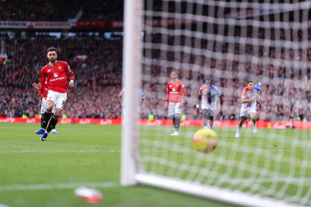 Football - Premier League - Manchester United, ManU v Crystal Palace 1st March 2026 - Premier League - Manchester United v Crystal Palace - Bruno Fernandes of Manchester United scores their 1st goal with a penalty - Photo: Simon Stacpoole Offside. Manchester UK Copyright: xSimonxStacpoolexOffside