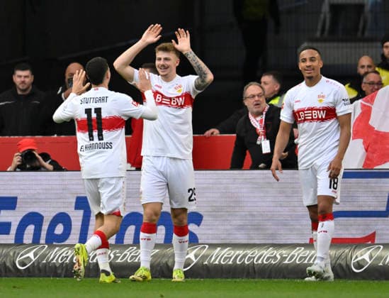 TOR zum 3:0 Jamie Leweling VfB Stuttgart (18) Torjubel Finn Jeltsch VfB Stuttgart (29) Bilal El Khannouss VfB Stuttgart (11) VfB Stuttgart vs VfL Wolfsburg WOB 01.03.2026 DFL REGULATIONS PROHIBIT ANY USE OF PHOTOGRAPHS AS IMAGE SEQUENCES AND OR QUASI-VIDEO VfB Stuttgart vs VfL Wolfsburg WOB