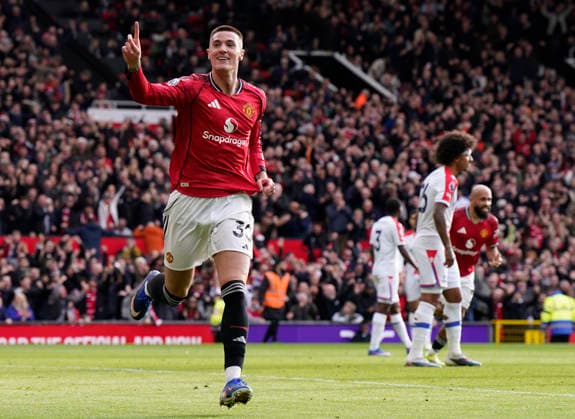Manchester, England, 1st March 2026. Benjamin Sesko of Manchester United, ManU celebrates scoring the second goal during the Manchester United vs Crystal Palace Premier League match at Old Trafford, Manchester. Picture credit should read: Andrew Yates Sportimage EDITORIAL USE ONLY. No use with unauthorised audio, video, data, fixture lists, club league logos or live services. Online in-match use limited to 120 images, no video emulation. No use in betting, games or single club league player publications. SPI_065_AY_Man_Utd_Palace SPI-4566-0065