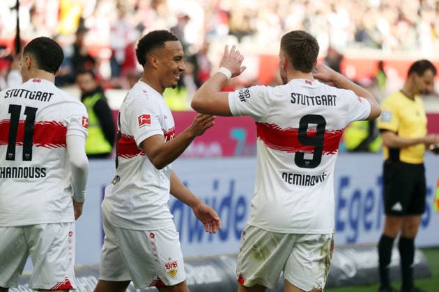 01.03.26 VfB Stuttgart - VfL Wolfsburg Deutschland, Stuttgart, 01.03.2026, Fussball, Bundesliga, Saison 2025 2026, VfB Stuttgart - VfL Wolfsburg: Jamie Leweling (VfB Stuttgart); Jubel Tor 3:0 Leweling.