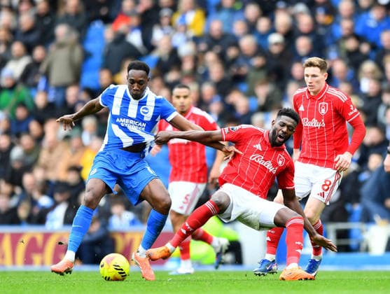Brighton and Hove Albion v Nottingham Forest, Premier League, Football, Amex Stadium, Brighton, UK - 01 Mar 2026 Danny Welbeck of Brighton & Hove Albion and Ibrahim Sangare of Nottingham Forest compete for the ball. Brighton Amex Stadium Brighton UK, UK NEWSPAPERS OUT Copyright: xMarkxEnfieldx