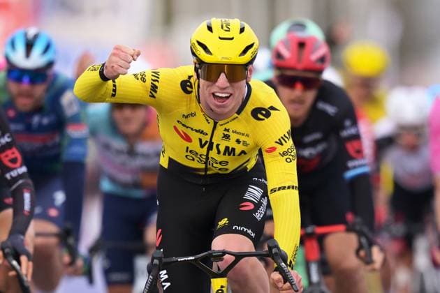 Great Britain s Matthew Brennan of Team Visma-Lease a Bike crosses the finish line to win the 78th edition of the men elite race of the Kuurne-Brussels-Kuurne one day cycling race, 195 km from Kuurne to Kuurne via Brussels, Sunday 01 March 2026. DAVIDxPINTENS  x166105939x