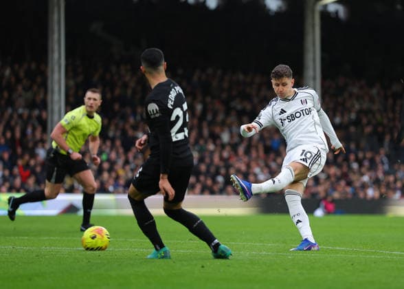 1st March 2026; Craven Cottage, Fulham, London, England; Premier League Football, Fulham versus Tottenham Hotspur; Tom Cairney of Fulham takes a shot on goal  JPxFletcher Content restricted for UK based newspaper