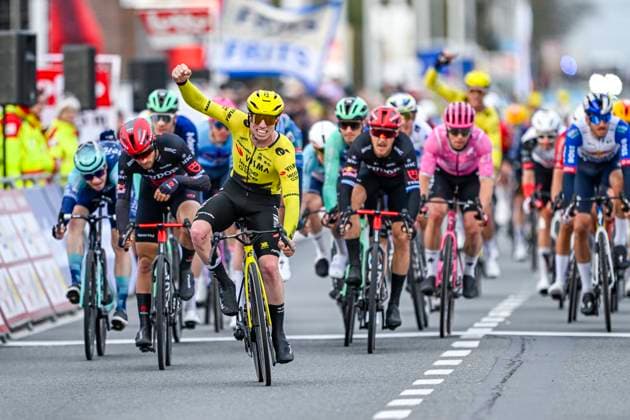 Kuurne Brussel Kuurne 2026 Cycling Race KUURNE, BELGIUM - MARCH 01 : Brennan Matthew (GBR) of Team Visma Lease a Bike celebrating his victory during the 78th edition of Kuurne Brussel Kuurne an UCI ProSeries 1.Pro one day cycling road race for Men Elite of 194 km with start in Kortrijk and finish in Kuurne on March 1, 2026 in Kuurne, Belgium, 01 03 2026 ( Motordriver Kenny Verfaillie - Kuurne Belgium  Copyright: xNicoxVereeckenx
