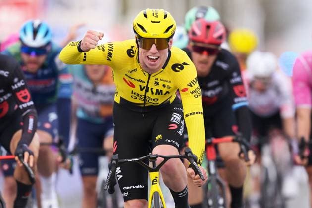 British James Matthew Brennan of Team Visma-Lease a Bike celebrates after winning the 78th edition of the men elite race of the Kuurne-Brussels-Kuurne one day cycling race, 195 km from Kuurne to Kuurne via Brussels, Sunday 01 March 2026. DAVIDxPINTENS  x166106223x