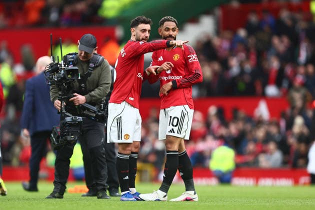 Bruno Fernandes has words of advice for Matheus Cunha of Manchester United, ManU at full time Manchester United v Crystal Palace, Premier League, Football, Old Trafford, Manchester, UK - 01 Mar 2026Manchester Old Trafford United Kingdom EDITORIAL USE ONLY No use with unauthorised audio, video, data, fixture lists, club league logos or live services. Online in-match use limited to 120 images, no video emulation. No use in betting, games or single club league player publications. Copyright: xPhilxOldham Shutterstockx 16708837bk