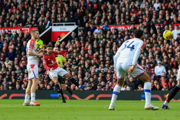 Manchester United, ManU v Crystal Palace, Premier League Bruno Fernandes (8) of Manchester United has a shot on goal during the Premier League match between Manchester United and Crystal Palace at Old Trafford, Manchester, UK on 1 March 2026. Manchester Old Trafford Greater Manchester UK Editorial use only DataCo restrictions apply See www.football-dataco.com , Copyright: xConorxMolloyx PSI-23823-0062
