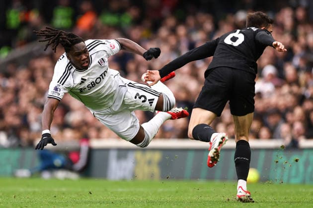 Fulham v Tottenham Hotspur 01 March 2026, London - Premier League Football - Fulham v Tottenham Hotspur - Calvin Bassey of Fulham and Joao Palhinha of Tottenham Hotspur - Photo: Jacques Feeney Offside. London UK Copyright: xJacquesxFeeneyx xOffsidexOffside