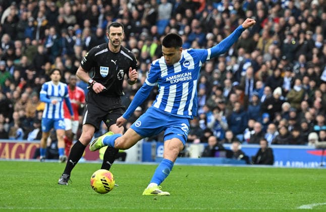 Brighton s goalscorer Diego Gomez has a shot during the Premier League match between Brighton and Hove Albion and Nottingham Forest at the American Express Stadium, Brighton UK - Sunday 1st March 2026 Brighton v Nottingham Forest Premier League Football, Amex Stadium, Sussex, UK - 01 Mar 2026Brighton Amex Stadium Sussex United Kingdom Editorial use only. No merchandising. For Football images FA and Premier League restrictions apply inc. no internet mobile usage without FAPL license - for details contact Football Dataco  Copyright: xLizxFinlayson TPI Shutterstockx 16718466at