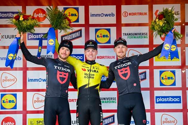 Kuurne Brussel Kuurne 2026 Cycling Race KUURNE, BELGIUM - MARCH 01 : Brennan Matthew (GBR) of Team Visma Lease a Bike, Trentin Matteo (ITA) of Tudor Pro Cycling Team and Mozzato Luca (ITA) of Tudor Pro Cycling Team on the podium during the 78th edition of Kuurne Brussel Kuurne an UCI ProSeries 1.Pro one day cycling road race for Men Elite of 194km with start in Kortrijk and finish in Kuurne on March 1, 2026 in Kuurne, Belgium, 01 03 2026 ( Motordriver Kenny Verfaillie - Kuurne Belgium  Copyright: xTomasxSiskx