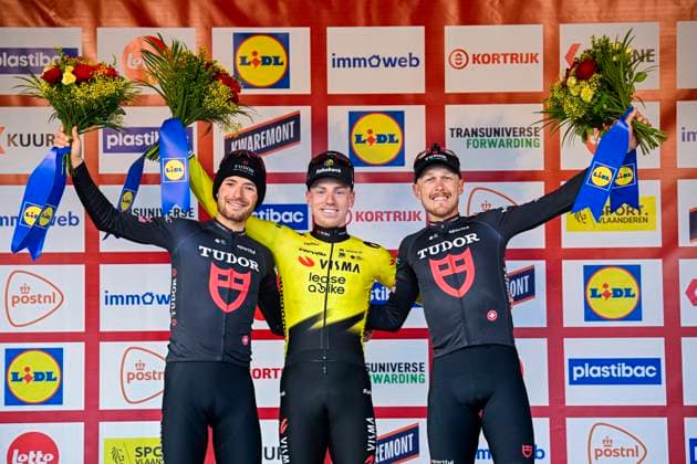 Kuurne Brussel Kuurne 2026 Cycling Race KUURNE, BELGIUM - MARCH 01 : Brennan Matthew (GBR) of Team Visma Lease a Bike, Trentin Matteo (ITA) of Tudor Pro Cycling Team and Mozzato Luca (ITA) of Tudor Pro Cycling Team on the podium during the 78th edition of Kuurne Brussel Kuurne an UCI ProSeries 1.Pro one day cycling road race for Men Elite of 194km with start in Kortrijk and finish in Kuurne on March 1, 2026 in Kuurne, Belgium, 01 03 2026 ( Motordriver Kenny Verfaillie - Kuurne Belgium  Copyright: xTomasxSiskx
