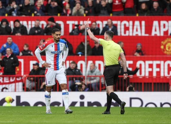 Manchester United, ManU v Crystal Palace, Premier League, Old Trafford, Manchester. Times Photographer Bradley Ormesher. 1.3.2026. Manchester United v Crystal Palace, Premier League, Old Trafford, Manchester. Times Photographer Bradley Ormesher. Maxence Lacroix is sent off by referee Christopher Cavanagh.  Copyright: xBradleyxOrmesherx NINTCHDBPICT001063131263