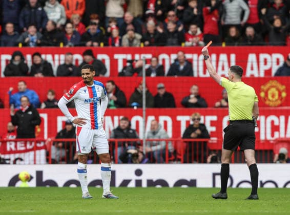 Manchester United, ManU v Crystal Palace, Premier League, Old Trafford, Manchester. Times Photographer Bradley Ormesher. 1.3.2026. Manchester United v Crystal Palace, Premier League, Old Trafford, Manchester. Times Photographer Bradley Ormesher. Maxence Lacroix is sent off by referee Christopher Cavanagh.  Copyright: xBradleyxOrmesherx NINTCHDBPICT001063131278