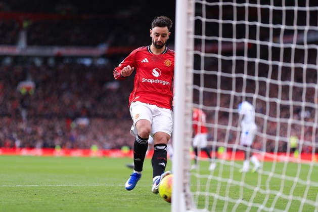 Football - Premier League - Manchester United, ManU v Crystal Palace 1st March 2026 - Premier League - Manchester United v Crystal Palace - Bruno Fernandes of Manchester United retrieves the ball from the goal - Photo: Simon Stacpoole Offside. Manchester UK Copyright: xSimonxStacpoolexOffside
