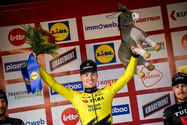 Kuurne Brussel Kuurne 2026 Cycling Race KUURNE, BELGIUM - MARCH 01 : Brennan Matthew (GBR) of Team Visma Lease a Bike on the podium during the 78th edition of Kuurne Brussel Kuurne an UCI ProSeries 1.Pro one day cycling road race for Men Elite of 194km with start in Kortrijk and finish in Kuurne on March 1, 2026 in Kuurne, Belgium, 01 03 2026 ( Motordriver Kenny Verfaillie - Kuurne Belgium  Copyright: xTomasxSiskx