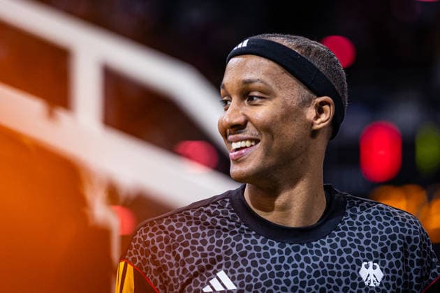 FIBA World Cup Qualifier: Germany vs. Croatia; 01.03.2026 Louis Olinde (Deutscher Basketball Bund 16) vor dem Spiel - FIBA Basketball World Cup 2027 European Qualifiers, Deutschland vs. Kroatien, 1.3.2026, Telekom Dome, Bonn Copyright: xBEAUTIFULxSPORTS Derixx