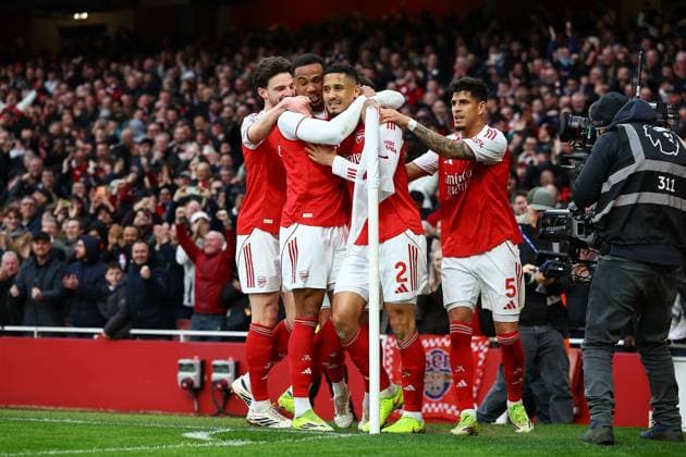 William Saliba of Arsenal celebrates scoring the opening goal with team-mates Arsenal v Chelsea, Premier League, Football, Emirates Stadium, London, UK - 01 Mar 2026London Emirates Stadium United Kingdom EDITORIAL USE ONLY No use with unauthorised audio, video, data, fixture lists, club league logos or live services. Online in-match use limited to 120 images, no video emulation. No use in betting, games or single club league player publications. Copyright: xMichaelxZemanek Shutterstockx 16708844p