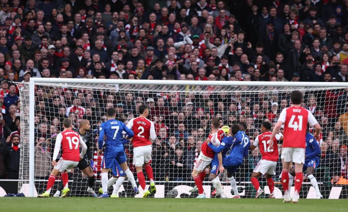 London, England, 1st March 2026. William Saliba of Arsenal directs a header toward goal and scores during the Arsenal vs Chelsea Premier League match at the Emirates Stadium, London. Picture credit should read: David Klein Sportimage EDITORIAL USE ONLY. No use with unauthorised audio, video, data, fixture lists, club league logos or live services. Online in-match use limited to 120 images, no video emulation. No use in betting, games or single club league player publications. SPI_025_DK_Arsenal_Chelsea SPI-4568-0025