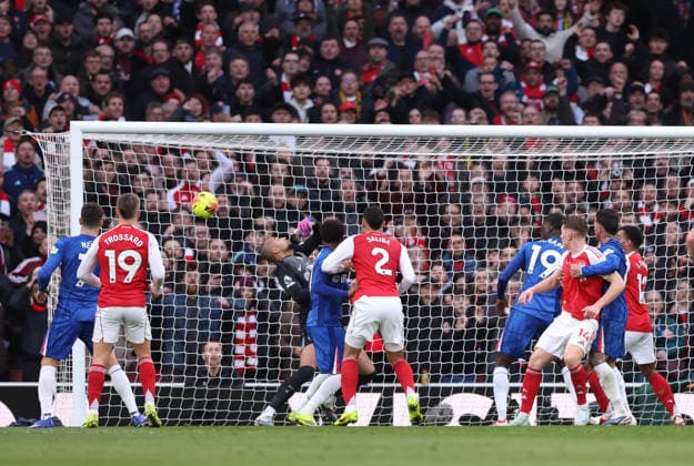 London, England, 1st March 2026. William Saliba of Arsenal directs a header toward goal and scores during the Arsenal vs Chelsea Premier League match at the Emirates Stadium, London. Picture credit should read: David Klein Sportimage EDITORIAL USE ONLY. No use with unauthorised audio, video, data, fixture lists, club league logos or live services. Online in-match use limited to 120 images, no video emulation. No use in betting, games or single club league player publications. SPI_026_DK_Arsenal_Chelsea SPI-4568-0026