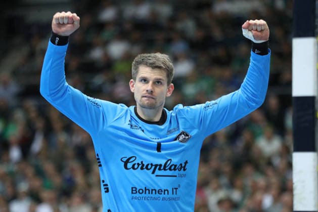 Handball DAIKIN HBL, SC DHfK Leipzig - Bergischer HC; 01.03.2026 Jubel und Emotionen bei Torwart Christopher Rudeck (1, Bergischer HC). Handball, DAIKIN HBL, 1. Bundesliga, Saison 2025 2026, 23. Spieltag: SC DHfK Leipzig vs. Bergischer HC am 01.03.2026 in der Quarterback Immobilien Arena Leipzig. Copyright: xBEAUTIFULxSPORTS JanxKaeferx