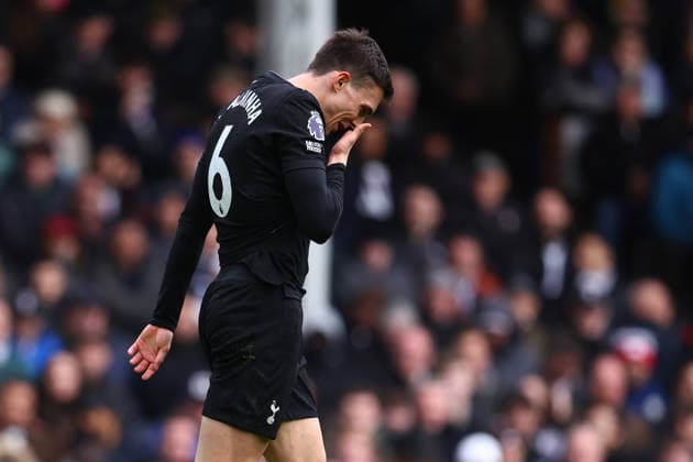 London, England, 1st March 2026. Joao Palhinha of Tottenham Hotspur looks dejected during the Fulham vs Tottenham Hotspur Premier League match at Craven Cottage, London. Picture credit should read: Paul Terry Sportimage EDITORIAL USE ONLY. No use with unauthorised audio, video, data, fixture lists, club league logos or live services. Online in-match use limited to 120 images, no video emulation. No use in betting, games or single club league player publications. SPI_060_PT_Fulham_Tottenham SPI-4567-0060