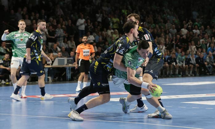Halil Jaganjac, Mijajlo Marsenic Zweikampf Spielszene Aktion Handball HBL Bundesliga Herren 23. Spieltag Saison 2025 2026 01.03.2026 Füchse Berlin vs Rhein Neckar Löwen RNL