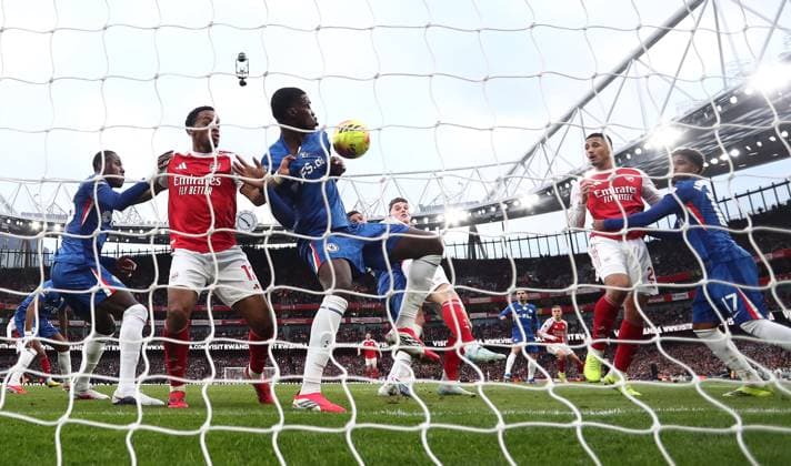 William Saliba of Arsenal scores the opening goal Arsenal v Chelsea, Premier League, Football, Emirates Stadium, London, UK - 01 Mar 2026London Emirates Stadium United Kingdom EDITORIAL USE ONLY No use with unauthorised audio, video, data, fixture lists, club league logos or live services. Online in-match use limited to 120 images, no video emulation. No use in betting, games or single club league player publications. Copyright: xMichaelxZemanek Shutterstockx 16708844ac