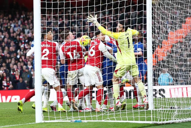 London, England, 1st March 2026. Piero Hincapie of Arsenal heads into his own net to equalise (1-1) during the Arsenal vs Chelsea Premier League match at the Emirates Stadium, London. Picture credit should read: David Klein Sportimage EDITORIAL USE ONLY. No use with unauthorised audio, video, data, fixture lists, club league logos or live services. Online in-match use limited to 120 images, no video emulation. No use in betting, games or single club league player publications. SPI_055_DK_Arsenal_Chelsea SPI-4568-0055