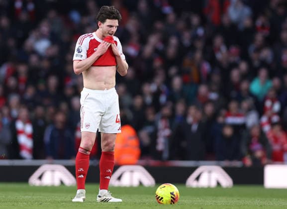 London, England, 1st March 2026. Dejected Declan Rice of Arsenal following the equalling goal during the Arsenal vs Chelsea Premier League match at the Emirates Stadium, London. Picture credit should read: David Klein Sportimage EDITORIAL USE ONLY. No use with unauthorised audio, video, data, fixture lists, club league logos or live services. Online in-match use limited to 120 images, no video emulation. No use in betting, games or single club league player publications. SPI_059_DK_Arsenal_Chelsea SPI-4568-0062