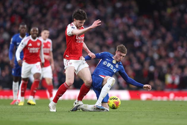 Arsenal v Chelsea 01 March 2026, London - Premier League Football - Arsenal v Chelsea - Declan Rice of Arsenal and Cole Palmer of Chelsea - Photo: Charlotte Wilson Offside. London UK Copyright: xCharlottexWilsonx xOffsidexOffside
