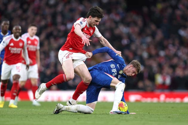 Arsenal v Chelsea 01 March 2026, London - Premier League Football - Arsenal v Chelsea - Declan Rice of Arsenal and Cole Palmer of Chelsea - Photo: Charlotte Wilson Offside. London UK Copyright: xCharlottexWilsonx xOffsidexOffside