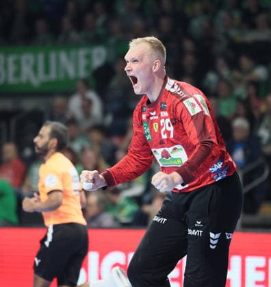 GER HBL Saison 2025 2026 FÜCHSE Berlin vs Rhein Neckar Löwen, 01.03.26, Max-Schmeling-Halle, Berlin, David SPÄTH (Rhein-Neckar-Löwen 29) jubelt erfolgreicher Parade, Schrei, Emotion, Faust